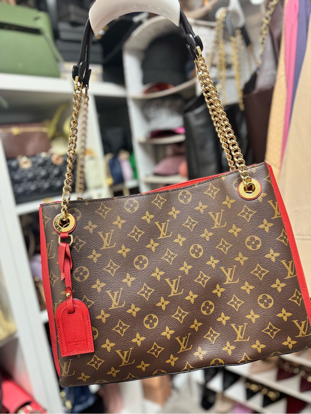 Louis Vuitton Monogram Shoulder Bag with Red Trim and Gold Chain